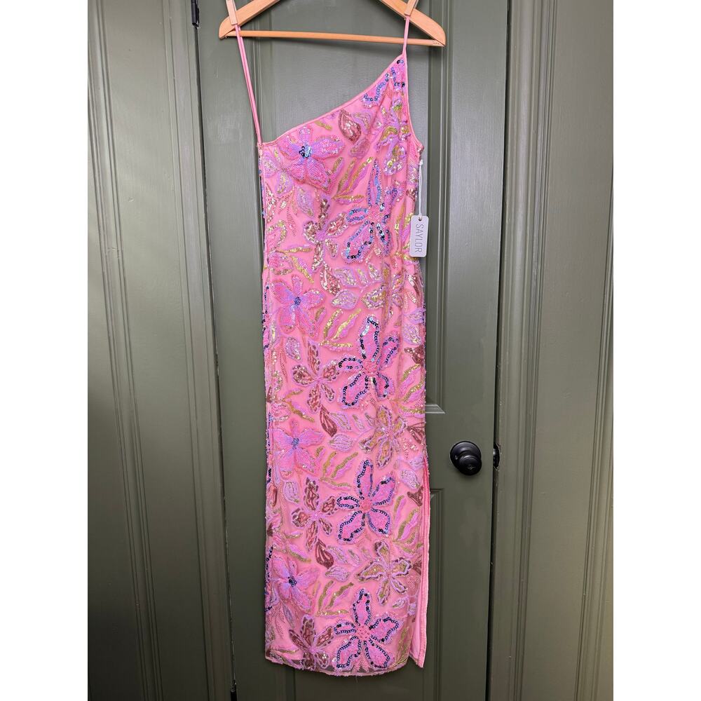 NWT Saylor Isa Floral Sequin Sparkle One Shoulder Midi Dress Pink Multi Small